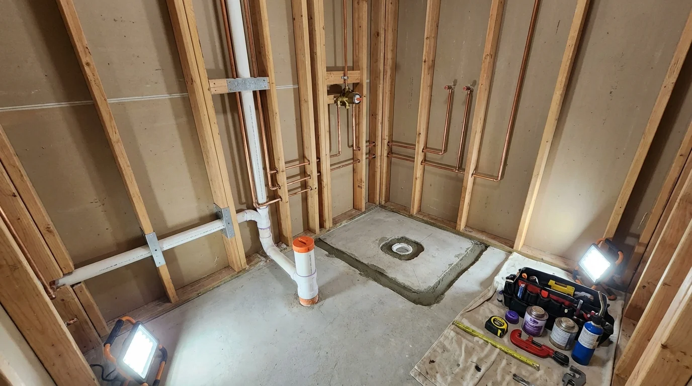 Bathroom rough-in plumbing during remodel by Johns Plumbing LLC in Sterling Heights