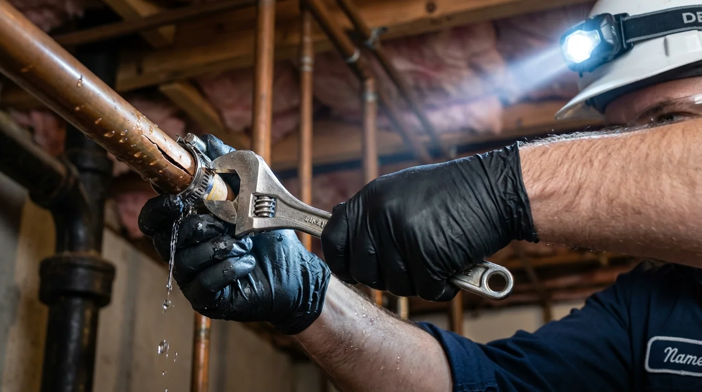 Emergency pipe clamp repair being performed by a Johns Plumbing LLC plumber in Sterling Heights