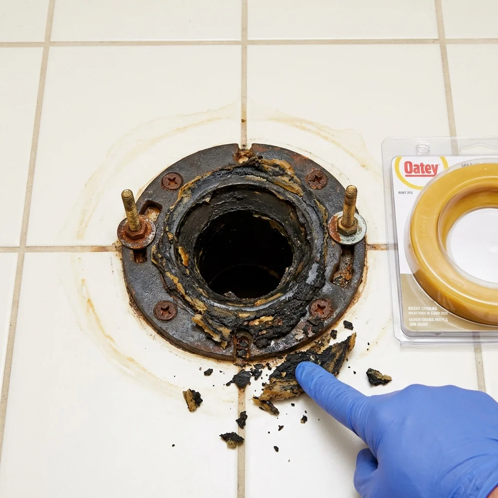 Failed wax ring showing water seepage at the base of a toilet in a Sterling Heights, MI home