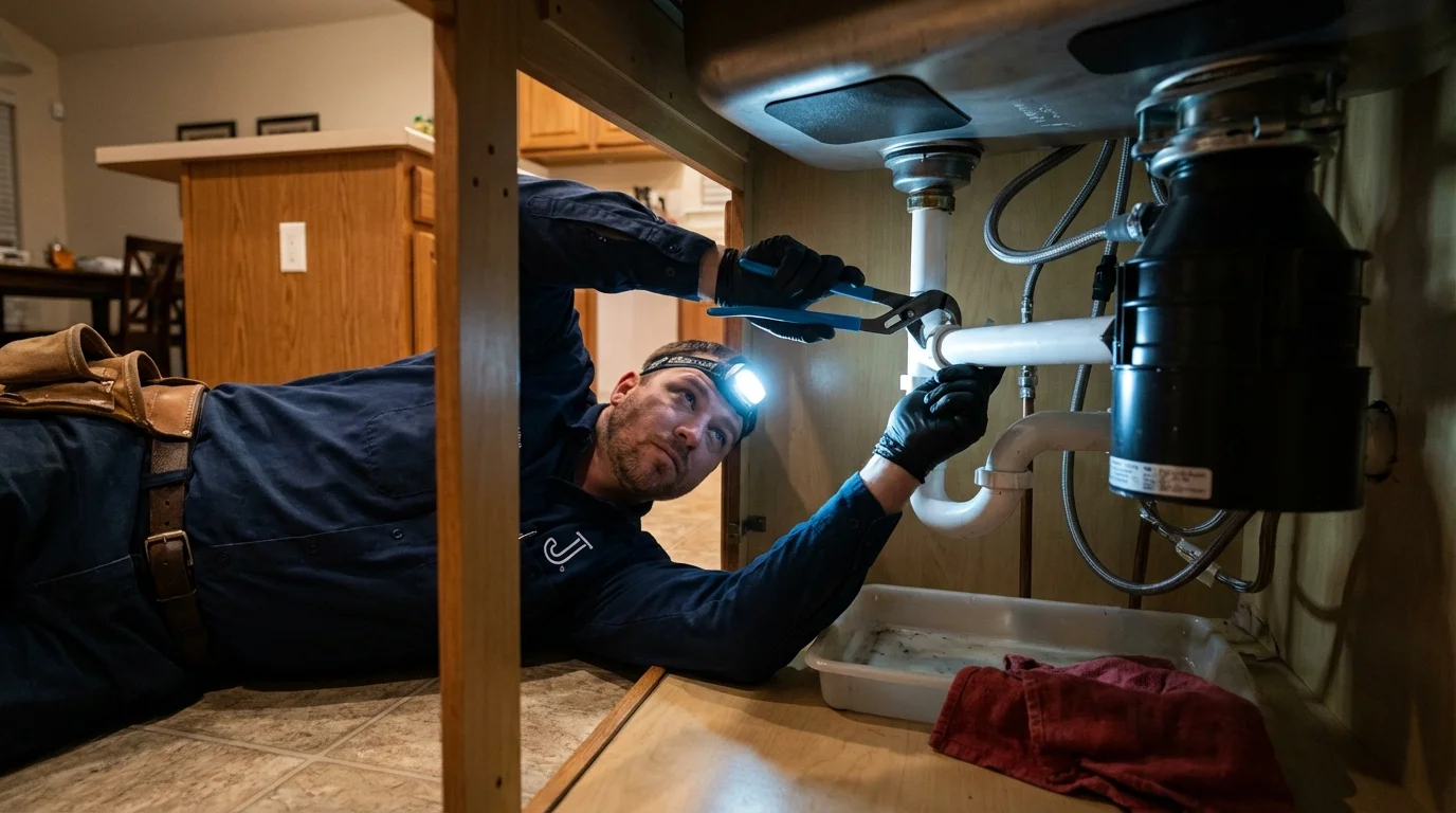 P-trap and supply line connections under a kitchen sink showing a common leak point in Sterling Heights, MI